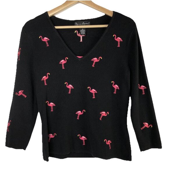 Mercer And Madison Women Black Sweater Top Size M Flamingo Embroidered Tropical - Picture 1 of 6